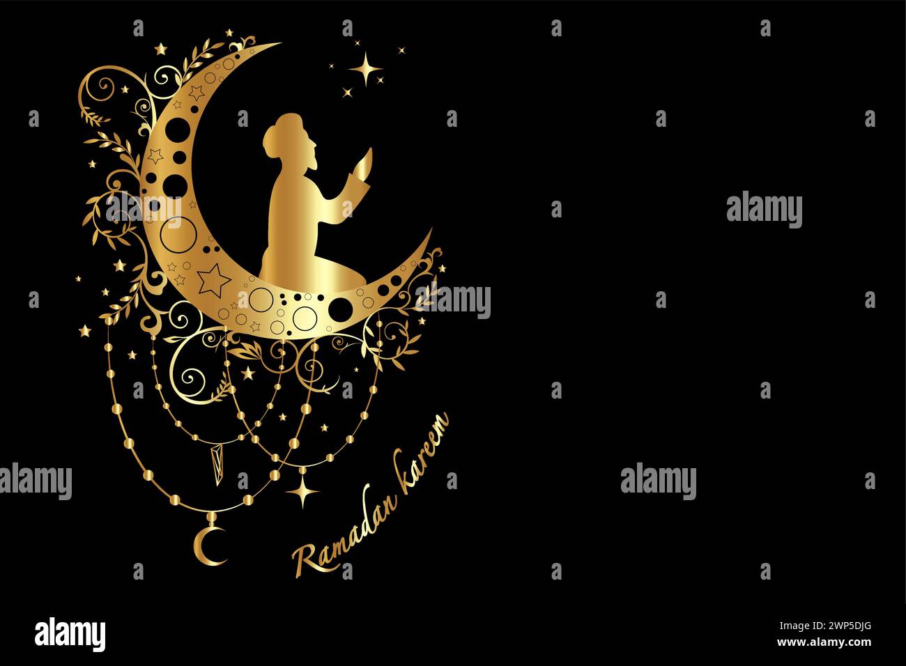 Gold Silhouette of a Muslim praying on Cescent moon, Ramadan concept in boho style. Luxury Islamic symbol can be used for the month of Ramadan for log Stock Vector