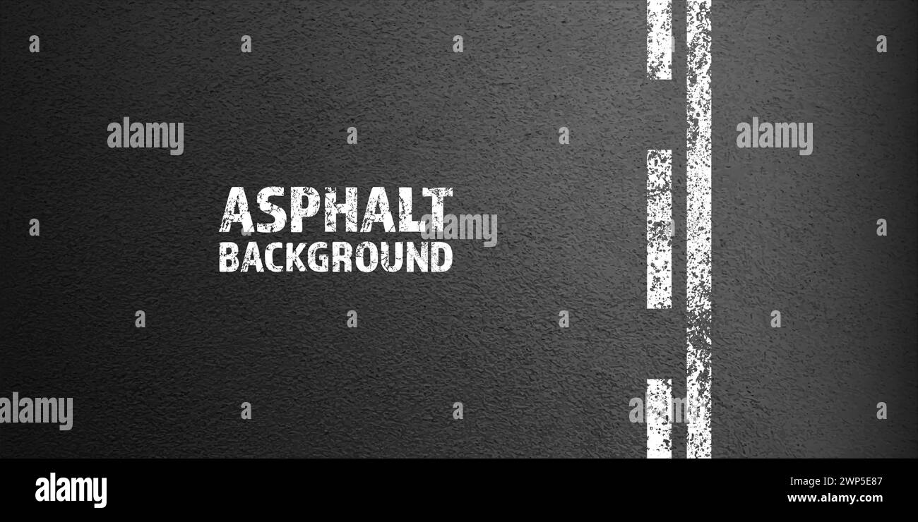 Asphalt road with white cracked lane marking, concrete highway surface, texture. Street traffic line, road dividing strip. Pattern with grainy Stock Vector