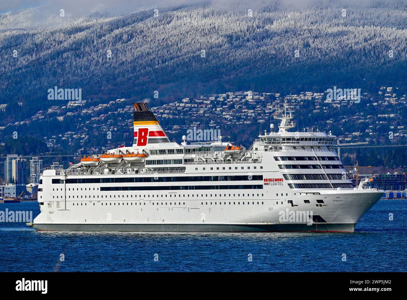 Bridgemans Floatel,  aka cruise ship, MV Isabelle, workforce accommodation for Woodfibre LNG’s liquified natural gas plant in Squamish, BC, Canada Stock Photo