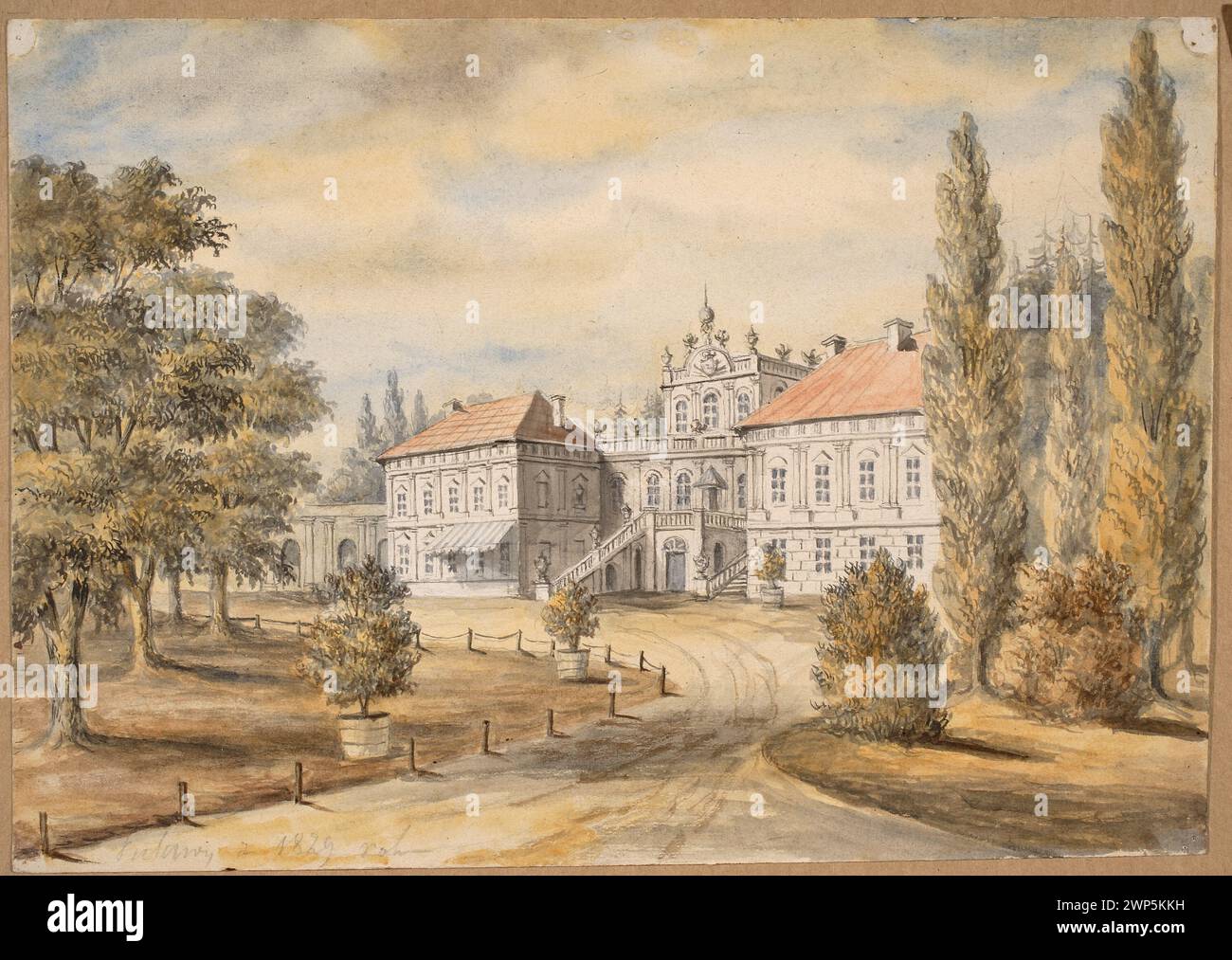 Pa AC in Pułch from the drive side in 1829; Orda, Napoleon (1807-1883), Richter, Joseph (1780-1837); before 1880 (1860-00-00-1880-00-00);Czartoryski (family)-residences, Puławy (Lubelskie Voivodeship), Smolikowski, Seweryn (1809-1897), Smolikowski, Seweryn (1809-1897)-collections, Smolikowski, Seweryn (1850-1920), Smolikowski, Seweryn (1850-1920 ) - collection, baroque (architect), gift (provenance), copies with watercolors, English parks, palaces (archite.), Poland (culture), Polish drawings Stock Photo