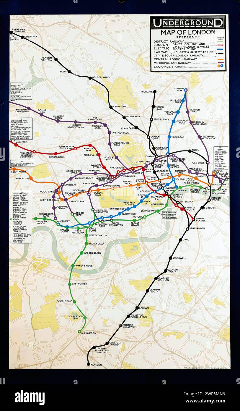 Vintage Map Poster of the London Underground..   in colours, 1928, printed by Waterlow & Sons Ltd., London, Stock Photo