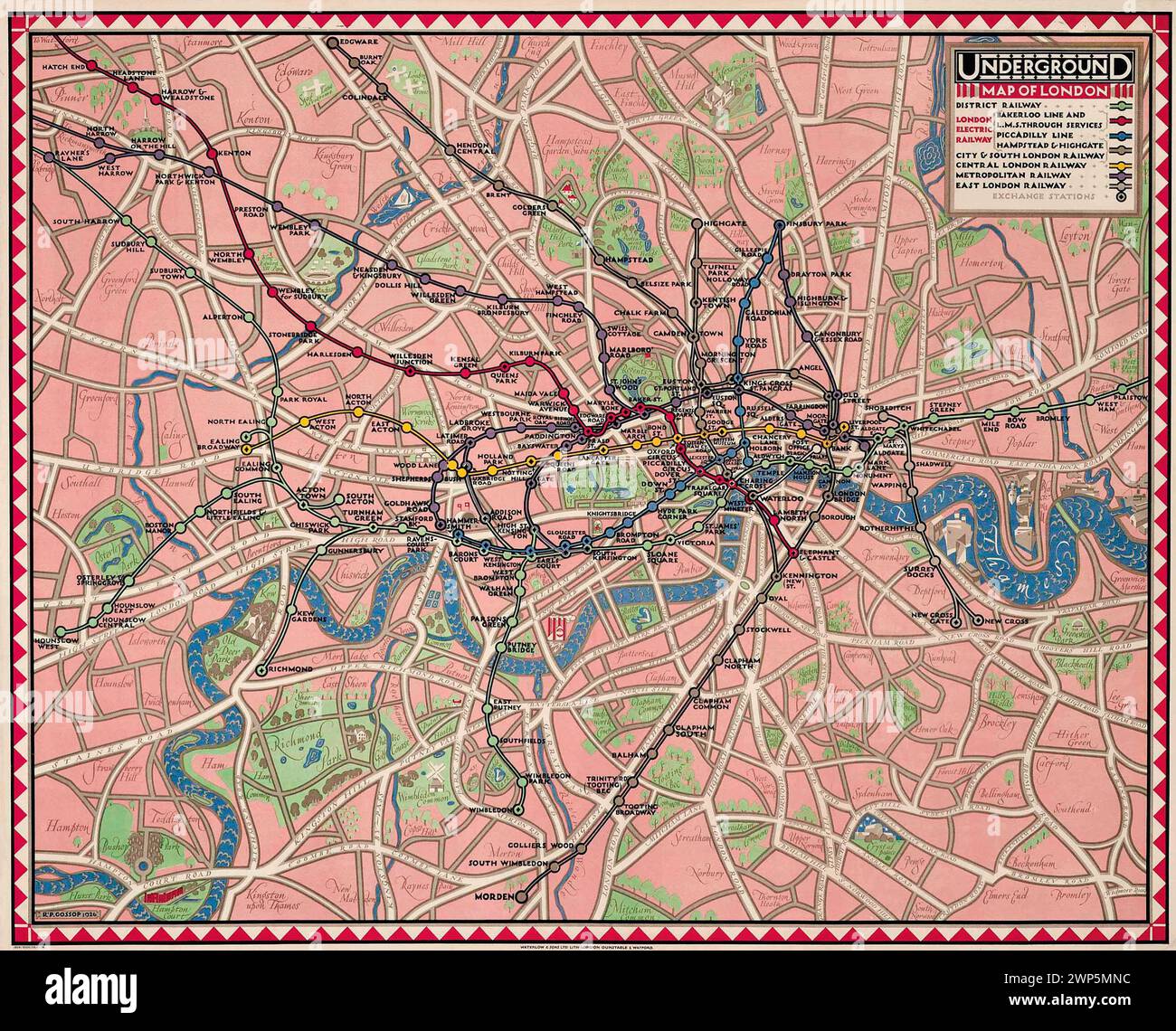 Vintage Map Poster of the London Underground.   in colours, 1926, printed by Waterlow & Sons Ltd., London, . Stock Photo