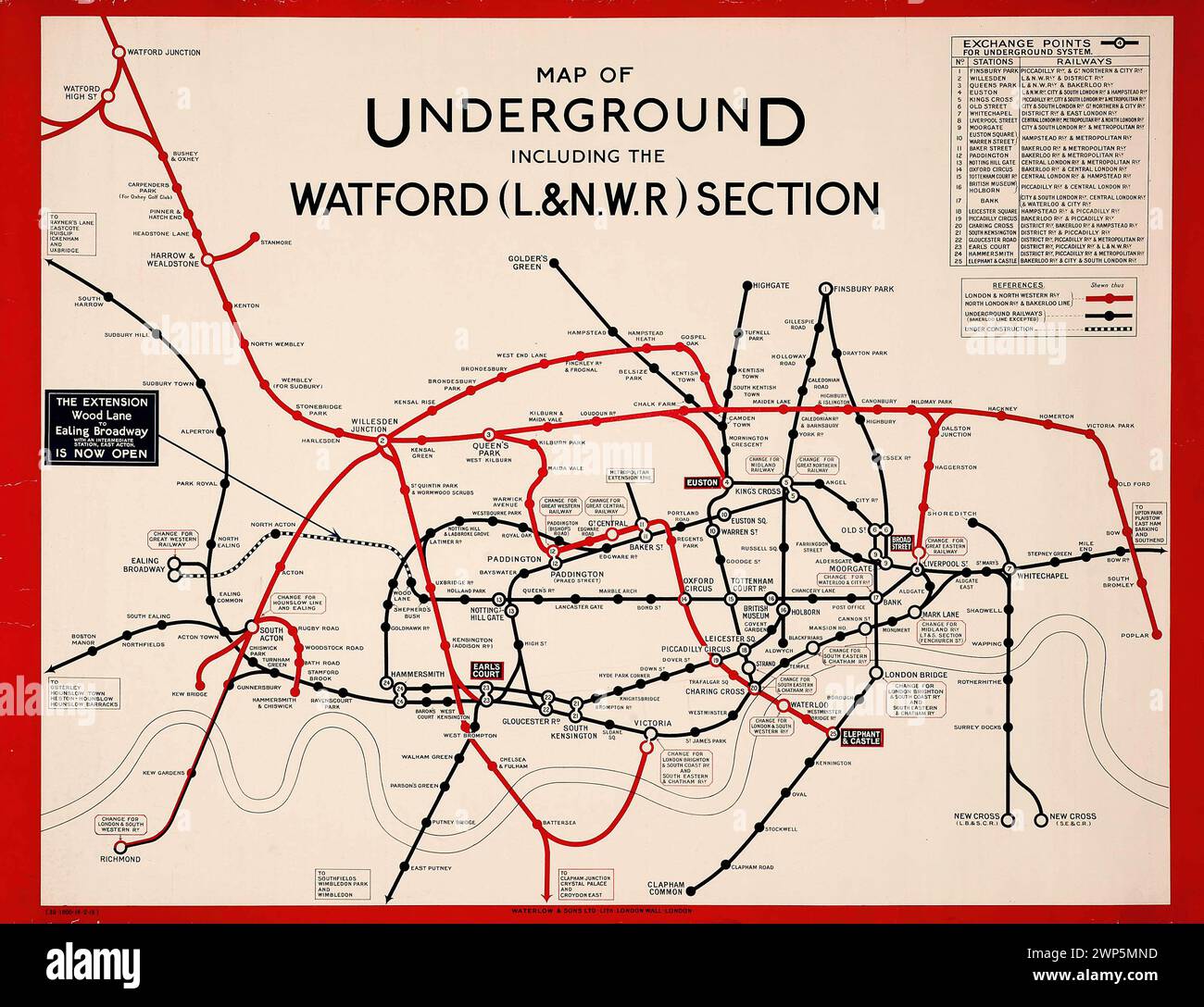 Vintage Map Poster of the London Underground.  'Map of Underground including the Watford L&NWR Section'  1919, printed by Waterlow & Sons Ltd., London, Stock Photo