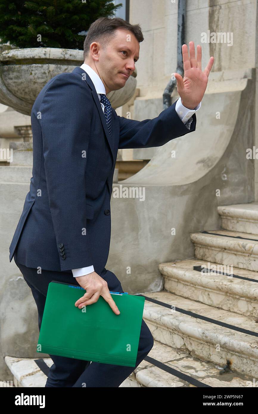 Bucharest, Romania - 5th Mar, 2024: Siegfried Muresan, Romanian Member of the European Parliament, arrives at the National Liberal Party headquarters in Bucharest. The European People's Party (EPP) bring together 2000 participants from 44 countries to hold its 2024 Congress on March 6-7, 2024 in Bucharest with a program focused on preparations for the European Parliament elections in June and choose the party's lead candidate. Credit: Lucian Alecu/Alamy Live Stock Photo