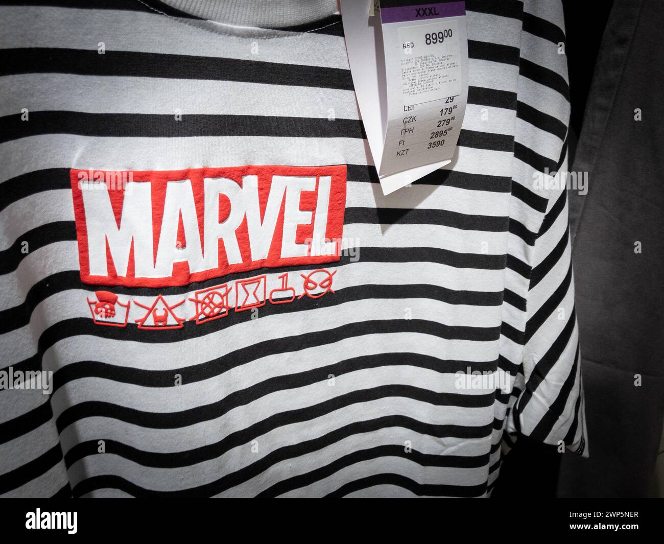 Picture of a T-Shirt with the logo of Marvel on a t-shirt for sale in a supermarket of Belgrade, Serbia. The Marvel Cinematic Universe is an American Stock Photo