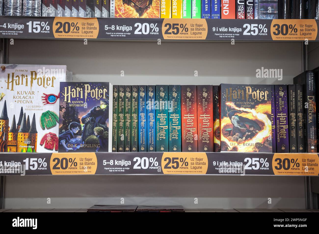 Picture of Harry Potter books for sale in Belgrade, Serbia, in Serbian language. Harry Potter is a series of seven fantasy novels written by British a Stock Photo