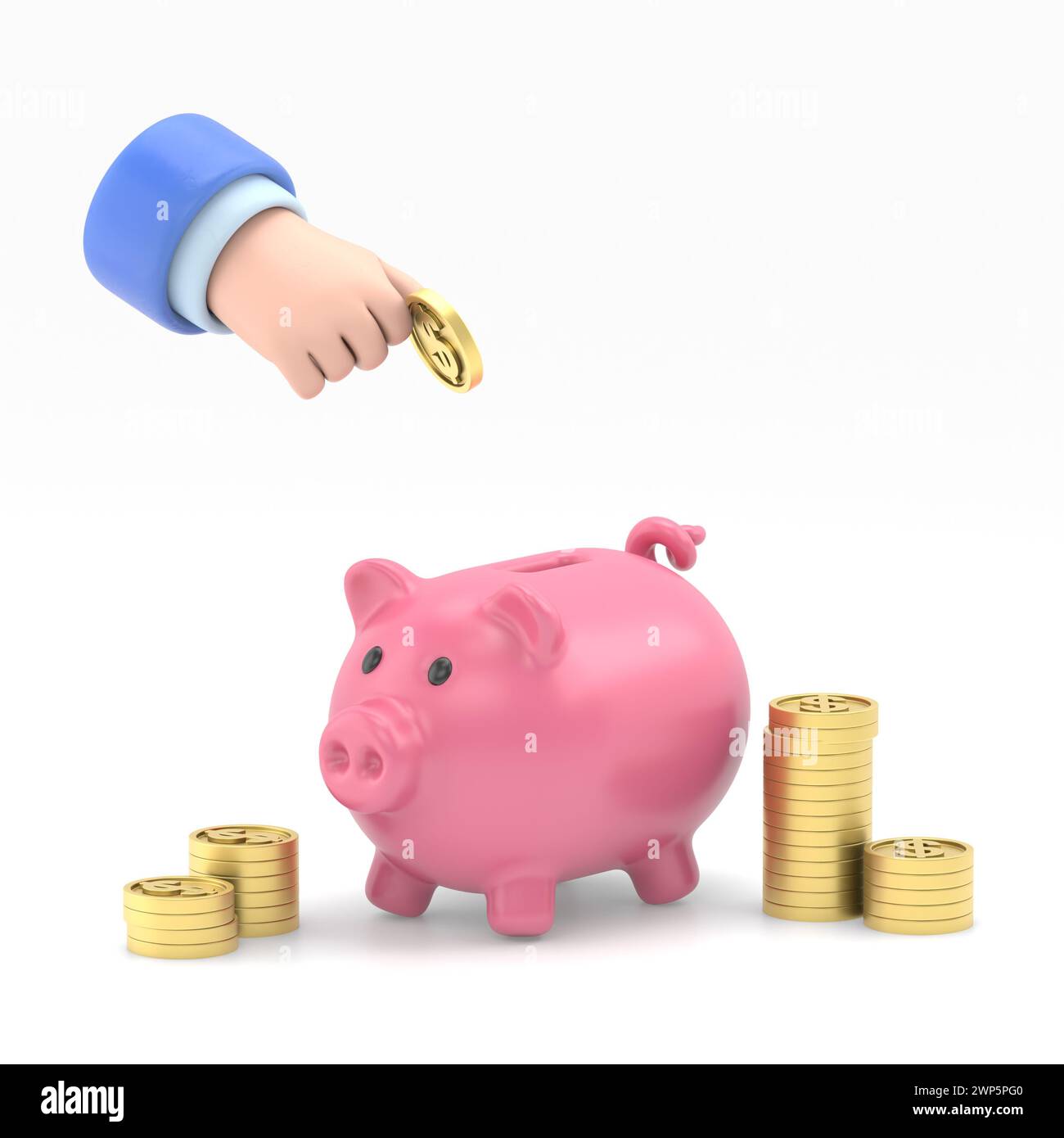 Flat 3d isometric businessman hand putting dollar coin into piggy bank. Financial and money saving concept.3D rendering on white background. Stock Photo