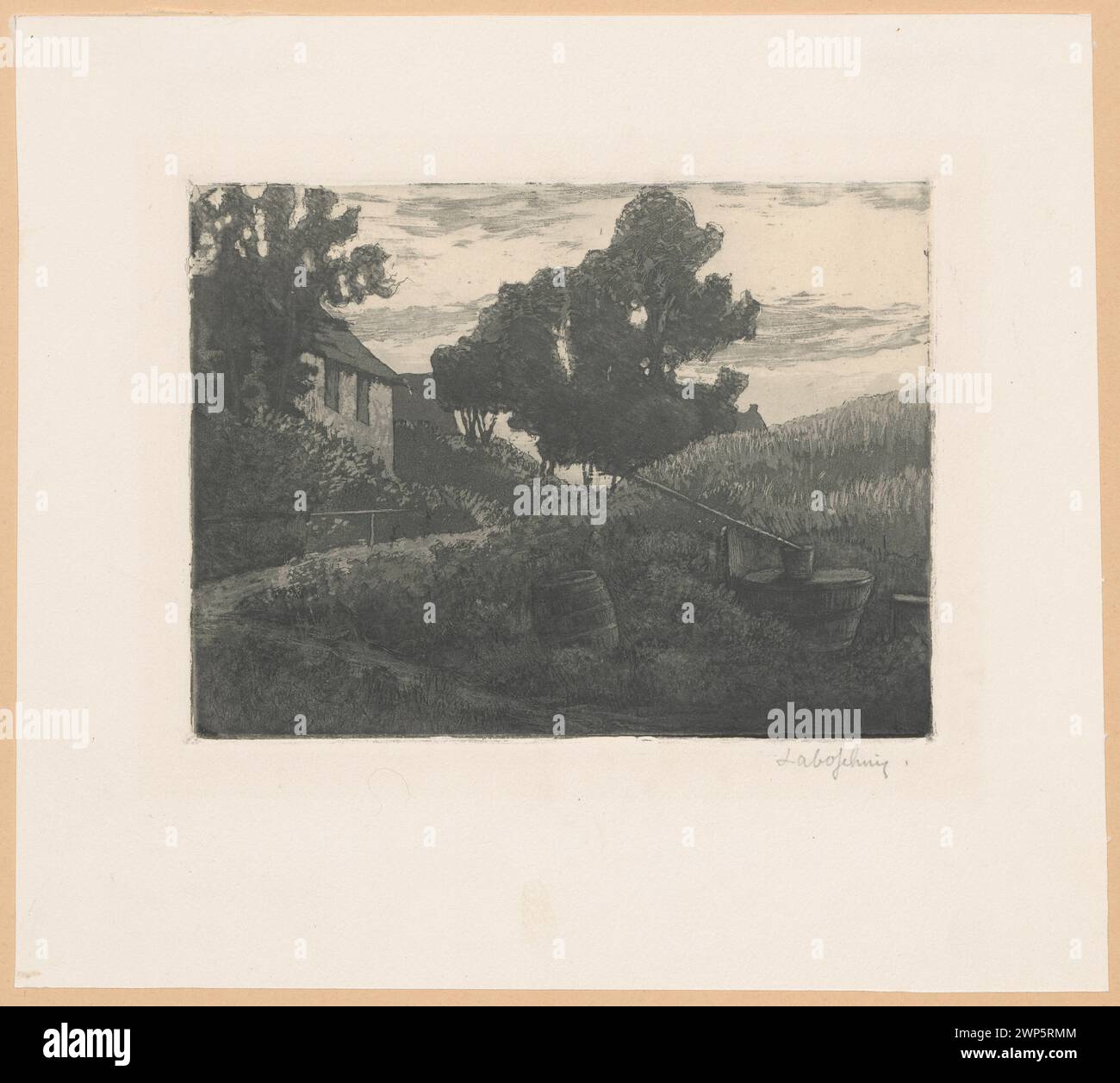 Landscape titled 'Dammerung' by Siegfried Laboschin circa 1900, showing rural scenery at dusk; part of Schlesisches Museum collections in Wrocław, modernist style. Stock Photo
