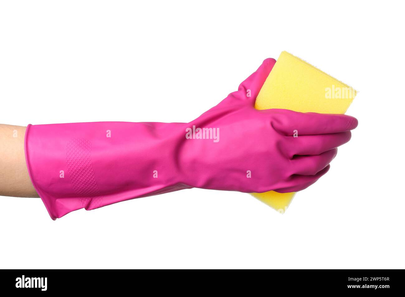 Cleaner in rubber glove holding new yellow sponge on white background ...