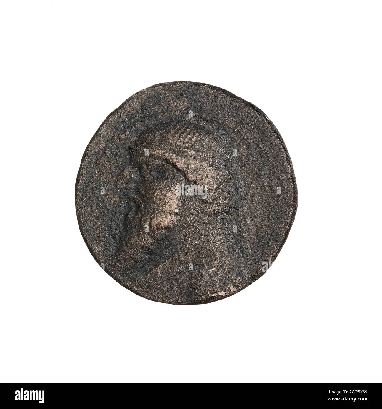 Bronze coin from the reign of Mitrydates II of the Parthians, dated between 123 BC and 87 BC, displaying standard Parthian motifs. Stock Photo