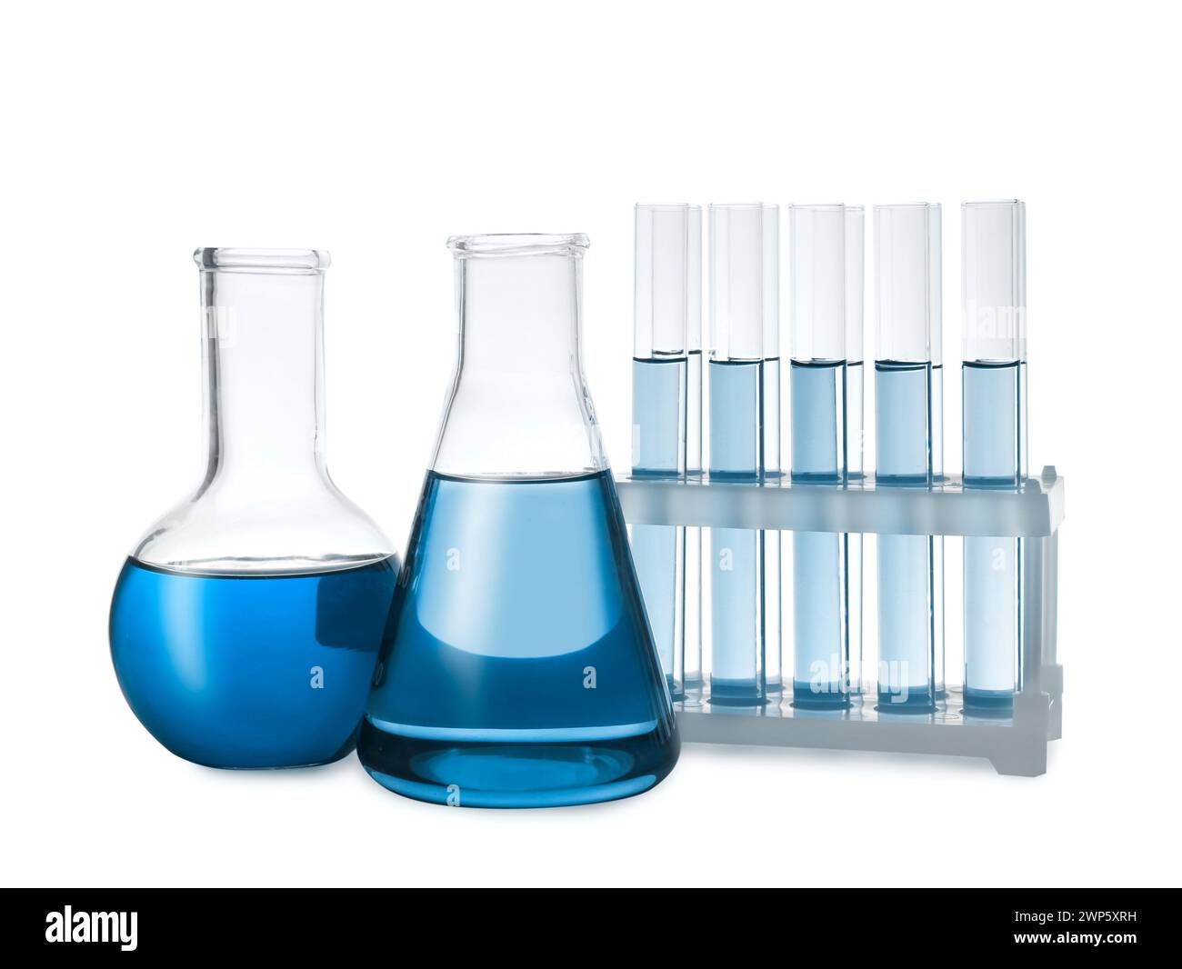Laboratory glassware with blue liquid isolated on white Stock Photo - Alamy