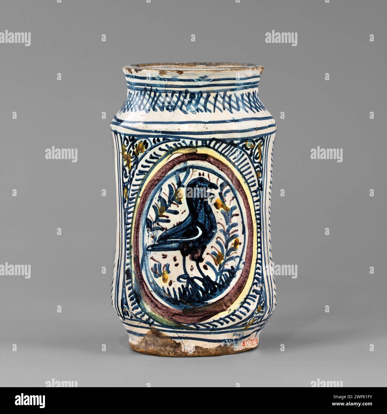 Pharmacy vessel (Albarello); Montelupo (ceramic family; Ca 1400-); 1480-1490 (1480-00-00-1490-00-00);Szwarc, Szymon (1884-197.) - collection, birds, fish Stock Photo