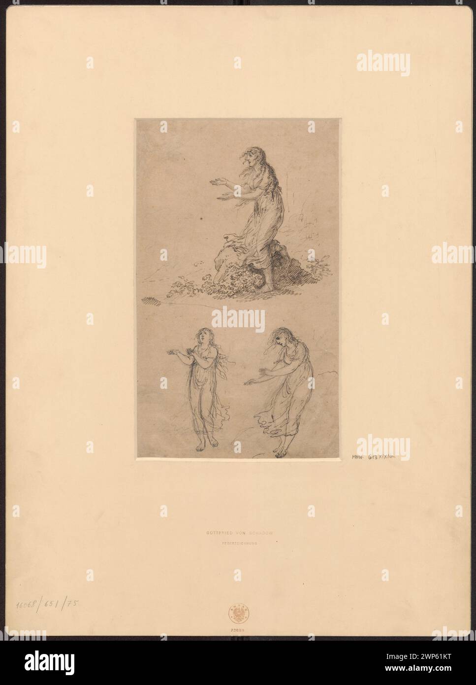 Drawing of three female figures by Johann Gottfried Schadow, 1784-1850, in the Schlesisches Museum der Bildenen Künste collection, studying women's characters in German figure drawings. Stock Photo