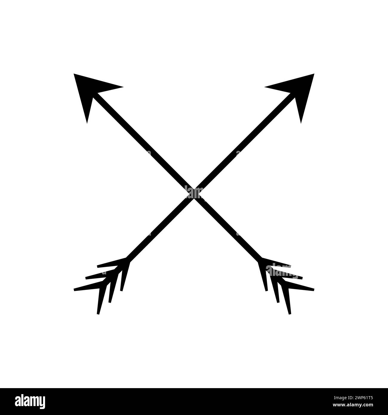 Two black arrows crossed over each other, forming an X shape. Crossed black arrows emblem. Symbol of conflict and intersection. Vector illustration Stock Vector