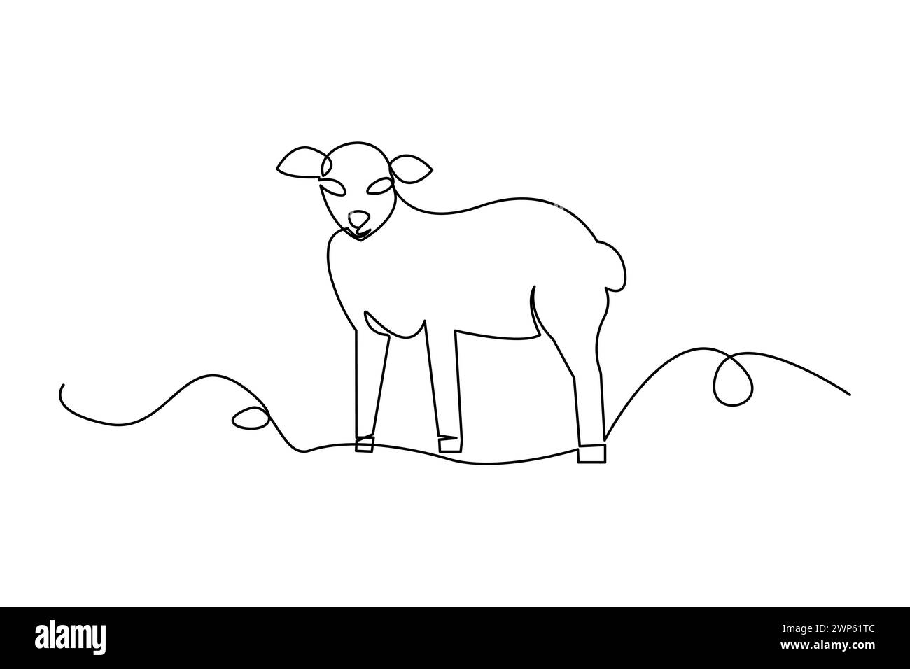 Minimalistic line drawing of a sheep standing on a continuous line landscape. Vector illustration. EPS 10. Stock Vector
