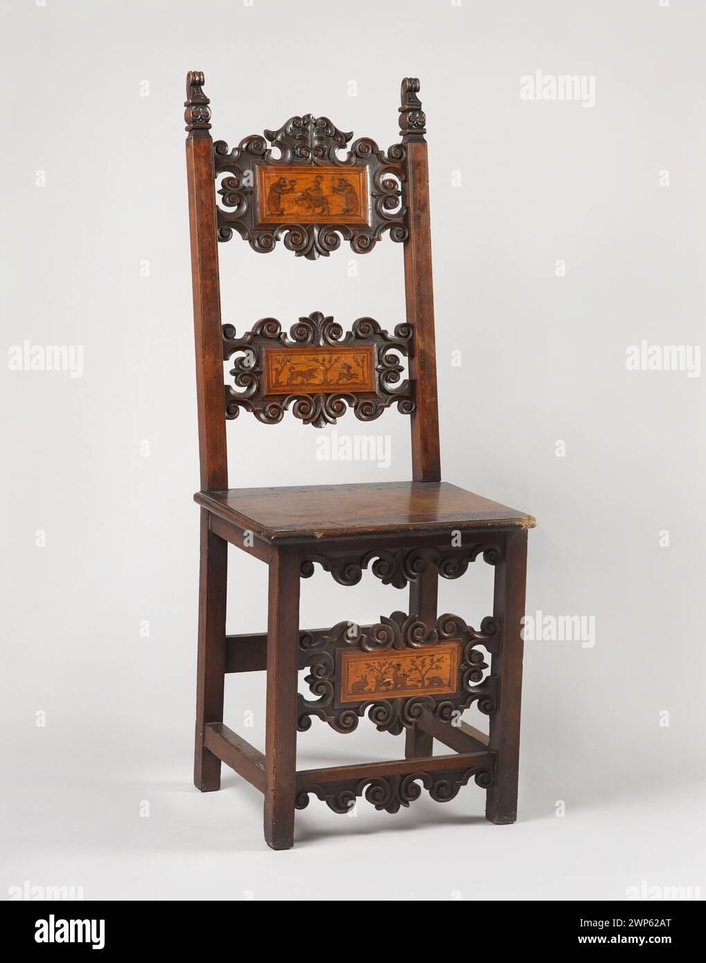 Chair;  beginning of the 17th century; 4. W. 19th century (1601-00-00-1630-00-00);deer, foxes, bears, dogs, elephants, volutes, hares, animals Stock Photo