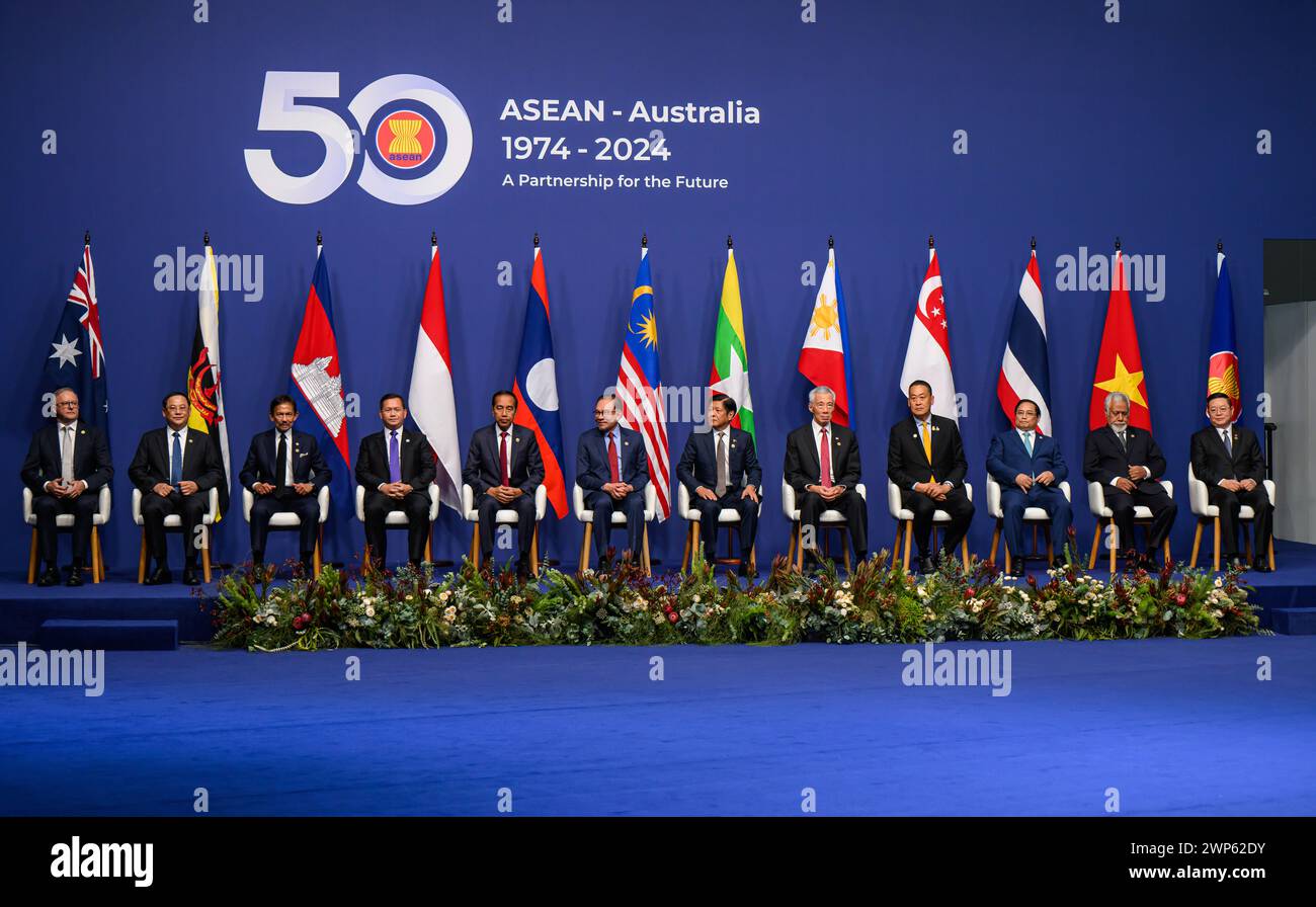 (L-R) Prime Minister of Australia, Anthony Albanese, Prime Minister of the Lao PDR, Sonexay Siphandone, Sultan of Brunei, Hassanal Bolkiah, Prime Minister of the Kingdom of Cambodia, Hun Manet, President of the Republic of Indonesia, Joko Widodo, Prime Minister of Malaysia, Anwar Ibrahim, President of the Republic of the Philippines, Marcos Jr, Prime Minister of the Republic of Singapore, Lee Hsien Loong, Prime Minister of the Kingdom of Thailand, Srettha Thavisin, Prime Minister of the Socialist Republic of Vietnam, Pham Minh Chinh, Prime Minister of the Democratic Republic of Timor-Leste, Ka Stock Photo