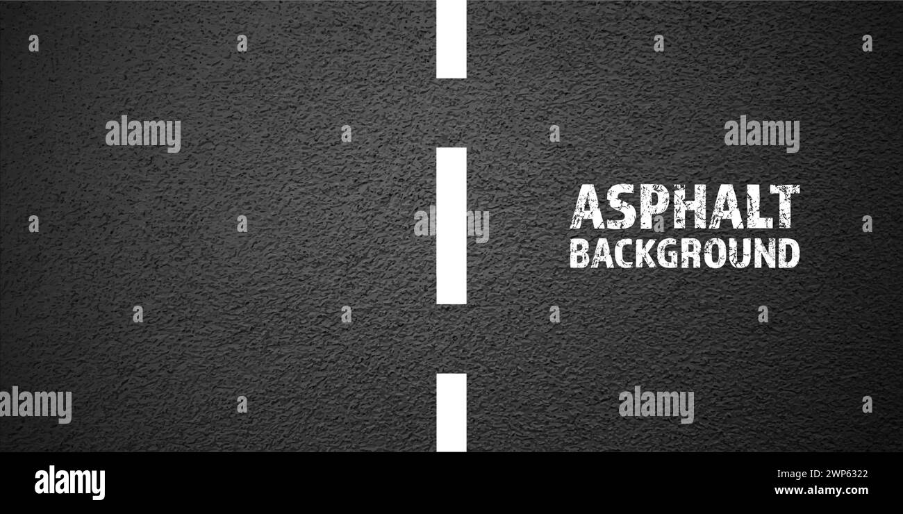 Asphalt road with white lane marking, concrete highway surface, texture. Street traffic line, road dividing strip. Pattern with grainy structure Stock Vector