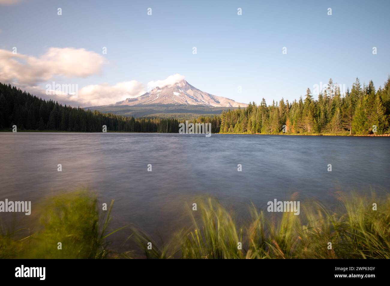 A beautiful lake surrounded by a forest with Mount Hood in the background on a sunny day with blue skies in long exposure. Stock Photo