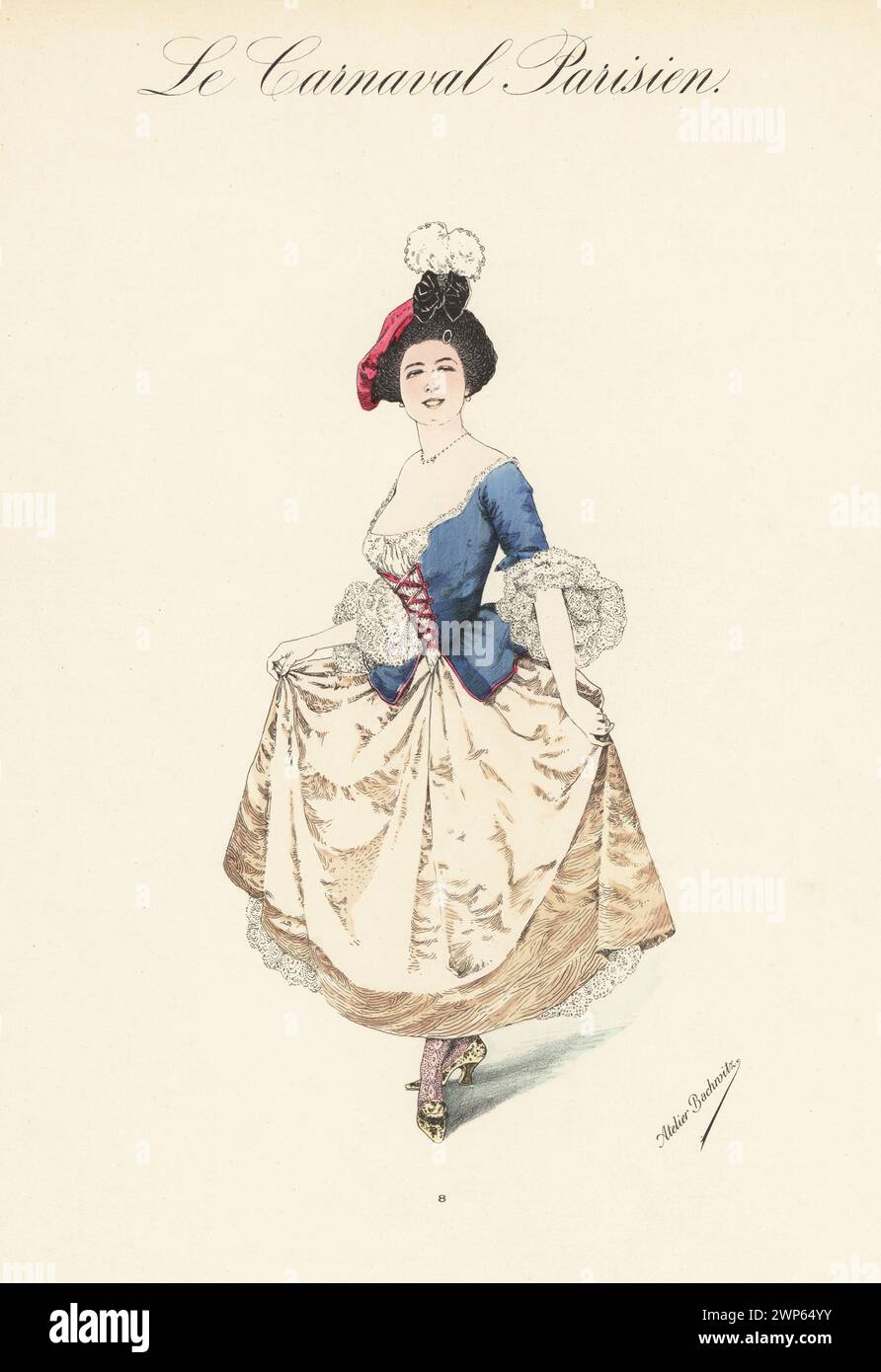 Woman in fancy-dress costume of the French Revolution. She wears a bonnet with cockade, blue bodice with red laced front, white blouse with lace cuffs, full skirts and apron. Handcoloured lithograph by Atelier Bachwitz from Le Carnaval Parisien (Parisian Carnival), Atelier Bachwitz AG, Vienna, 1925. Stock Photo