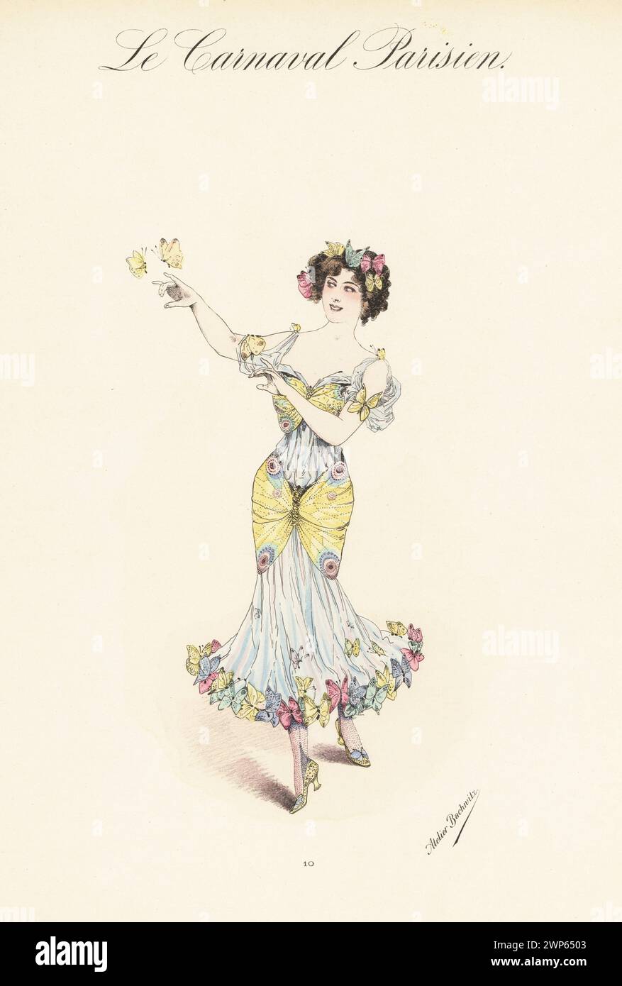 Woman in fancy-dress costume as a Butterfly. In blue gown with large yellow butterfly wing panels on the bust and hip, butterflies at the hem. She is playing with several butterflies flying near her. Handcoloured lithograph by Atelier Bachwitz from Le Carnaval Parisien (Parisian Carnival), Atelier Bachwitz AG, Vienna, 1925. Stock Photo