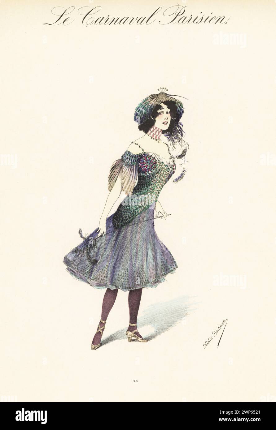 Woman in fancy-dress costume as a Bird. In bonnet with feathers and ...