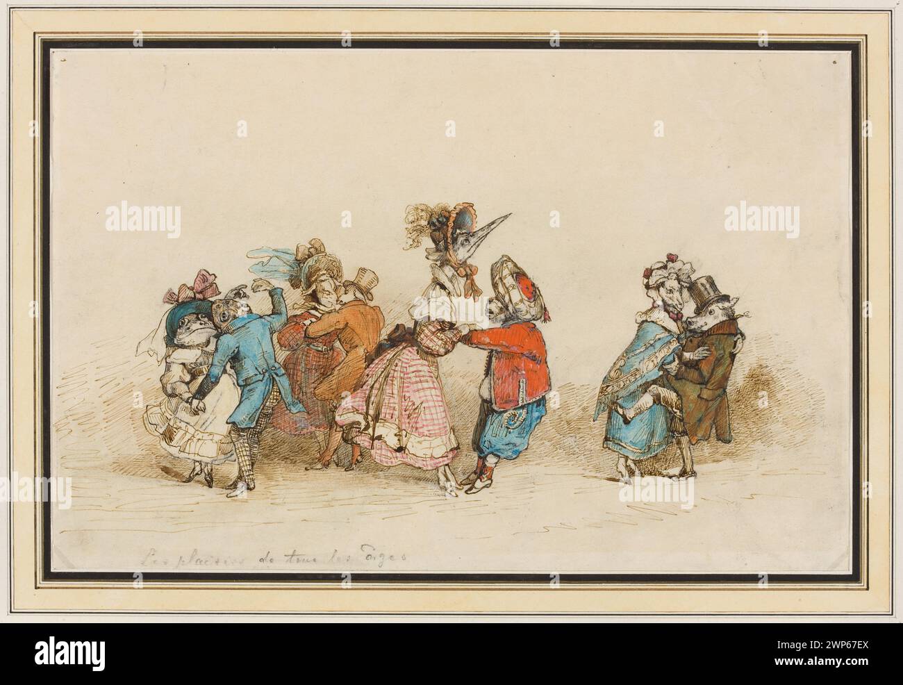 Four pairs of people of animals; Grandville, Jean-Jacques (1803-1847); before 1829 (1825-00-00-1835-00-00);Bloch, Jan Gottlib (1836-1902), Bloch, Jan Gottlib (1836-1902)-collections, Grandville, Jean Jacques (1803-1847). Les Métamorphoses du Jour, Society of Encouragement of Fine Arts (Warsaw - 1860-1940) - collection, illustrations, moral caricatures, projects, illustration projects, French drawings, dance, dance (genre scenes), waltz, dance, animals Stock Photo