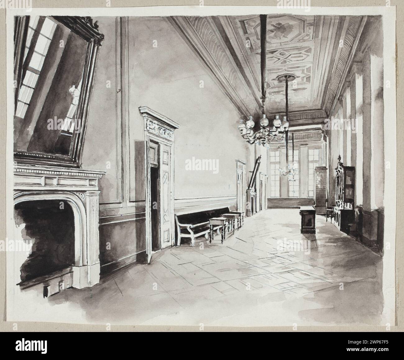 Foyer of the Grand Theater; Horseshoe, w Adys Aw (1866-1895); 1890 (1890-00-00-1890-00-00);Méyet, Leopold (1850-1912), Méyet, Leopold (1850-1912) - collection, Méyet, Leopold (1850-1912) - seal, Wielki Theater (Warsaw), Illustrated weekly (Warsaw - magazine - 1859-1939), weekly Illustrated (Warsaw - magazine - 1859-1939) - illustration, gift (provenance), foyer (archite. collection, chandeliers Stock Photo