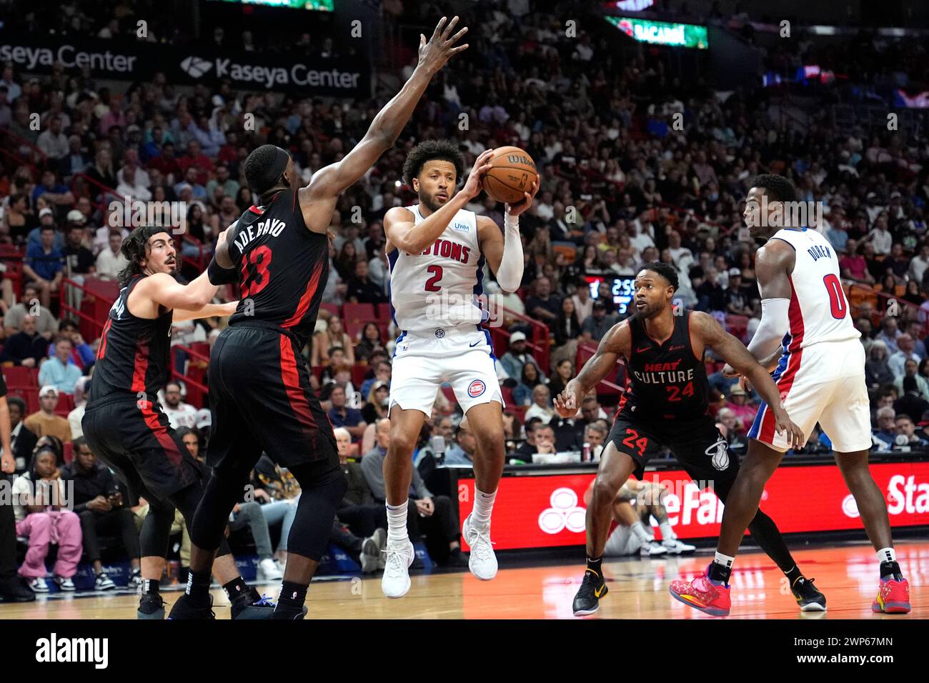 Detroit Pistons guard Cade Cunningham (2) looks to pass as Miami Heat ...