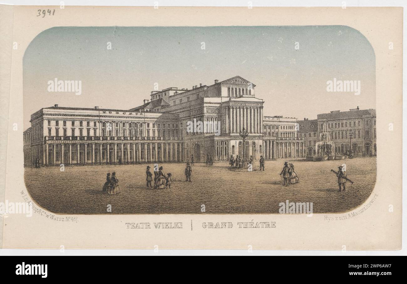 Great theater; Cegli Ski, Julian (1827-1910), Matuszkiewicz, Alfons (Ca 1822-1878), PECQ, Adolf & Co. (Warsaw; Litographic Zak Fl. 1856-1859); 1859 (1859-00-00-1859-00-00);The Great Theater (Warsaw), Society for the Care of the Monuments of the Past (Warsaw - 1906-1944) - collection, Warsaw (Masovian Voivodeship), fountains, street lanterns Stock Photo
