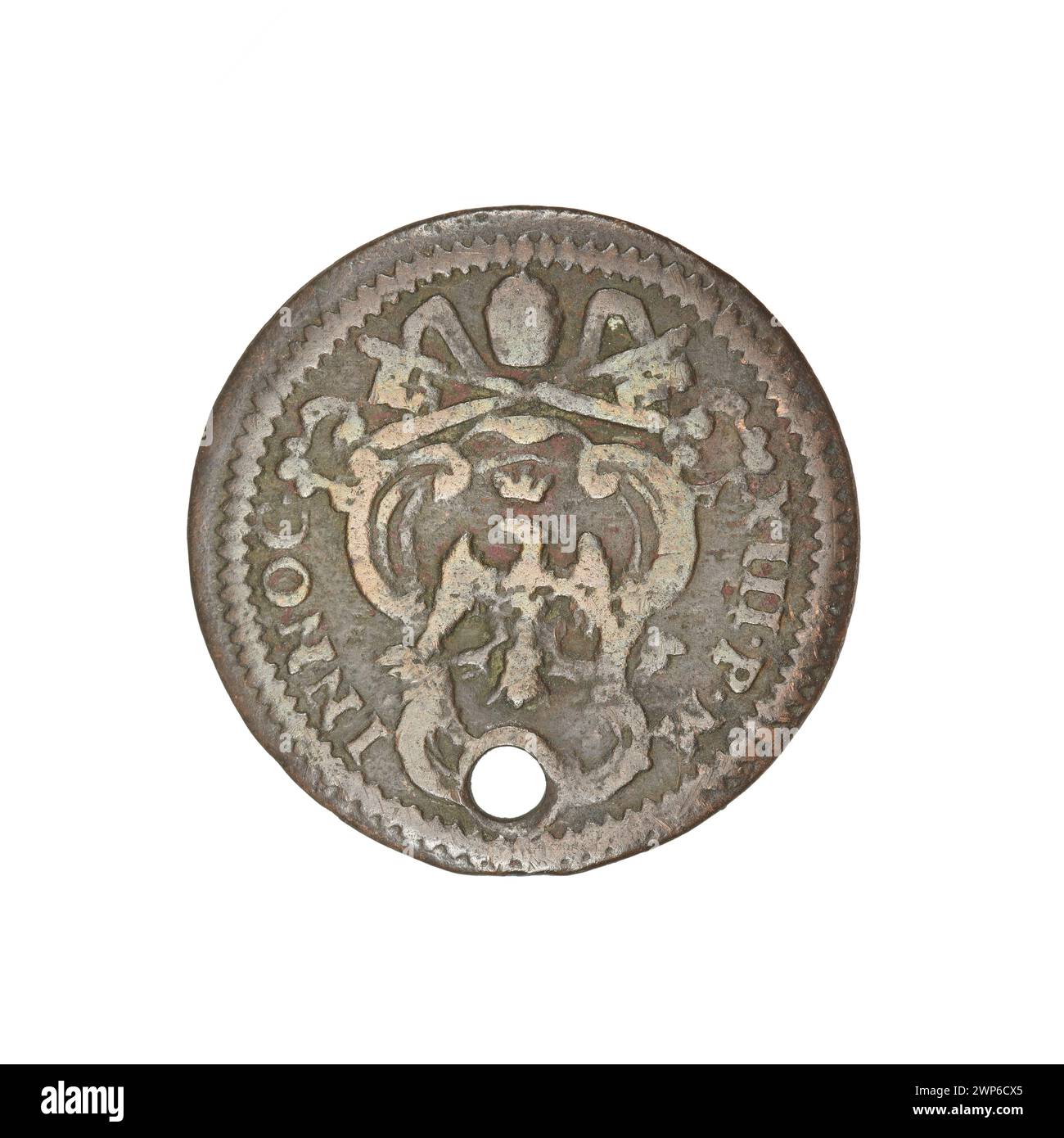 Coin With Inscription Copper quattrino coin issued under Pope Innocent XIII (1721-1724) in ...
