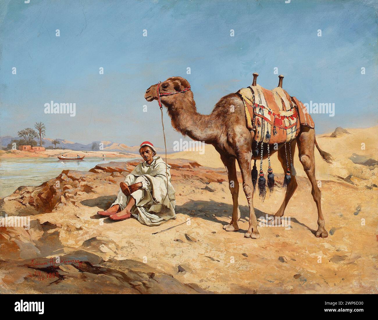 Arab in the desert; Ajdukiewicz, Tadeusz (1851-1916); 1885 (1885-00-00-1885-00-00);Arabs, orient, landscapes, message (provenance), deserts, rivers, genre scenes, harness, camels Stock Photo