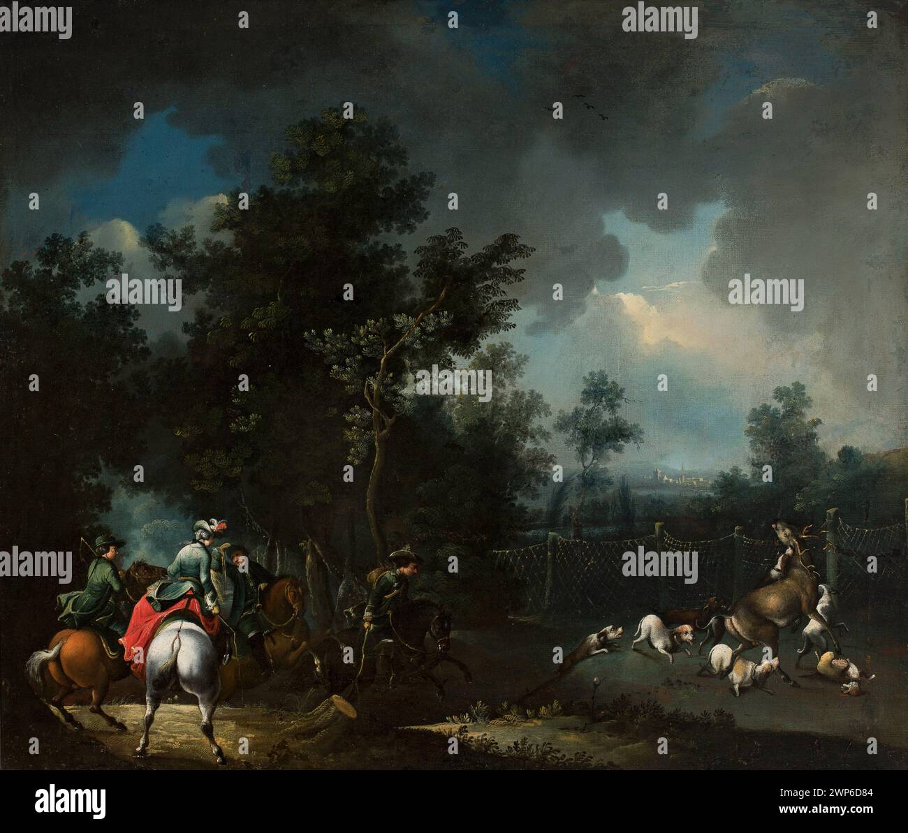 Landscape from scenes deer hunting; Unknown German painter; 18th century (1700-00-00-1799-00-00);gift (provenance), deer, horses, hunters, hunting, dogs, hunting scenes Stock Photo