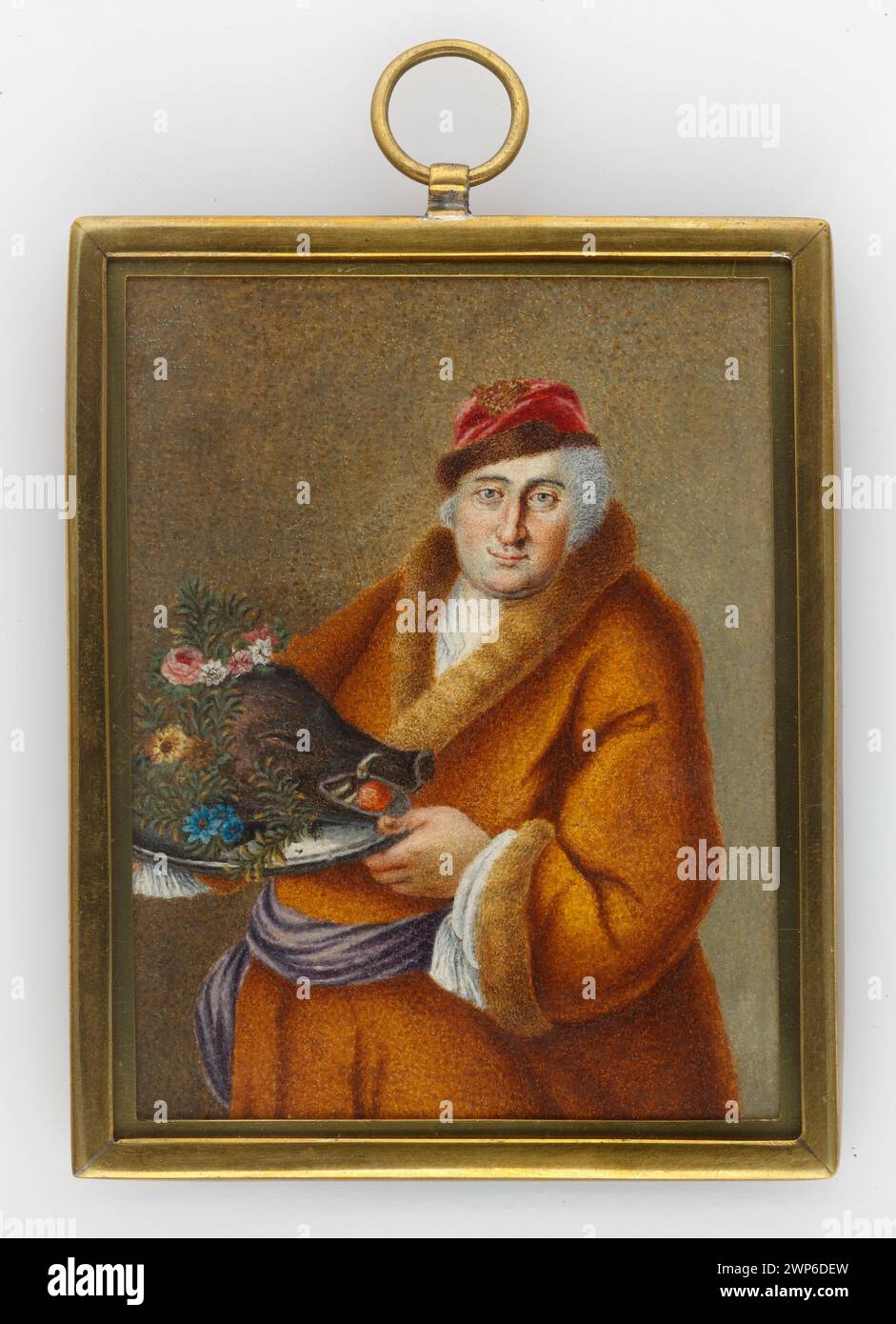 An elderly husband carrying a head (Pawe Tremo (1733-1810), royal chef);  1760-1775 (1760-00-00-1760-00-00);Królewska painting (Warsaw - Art School - 1766-1818), Tarasowiczowie, Konstanty and Helena - collection, gift (provenance), venison, kitchens, Polish miniatures, men, portraits of en face, portraits en Pied, men's portraits, men's outfits, symbols, Animals Stock Photo