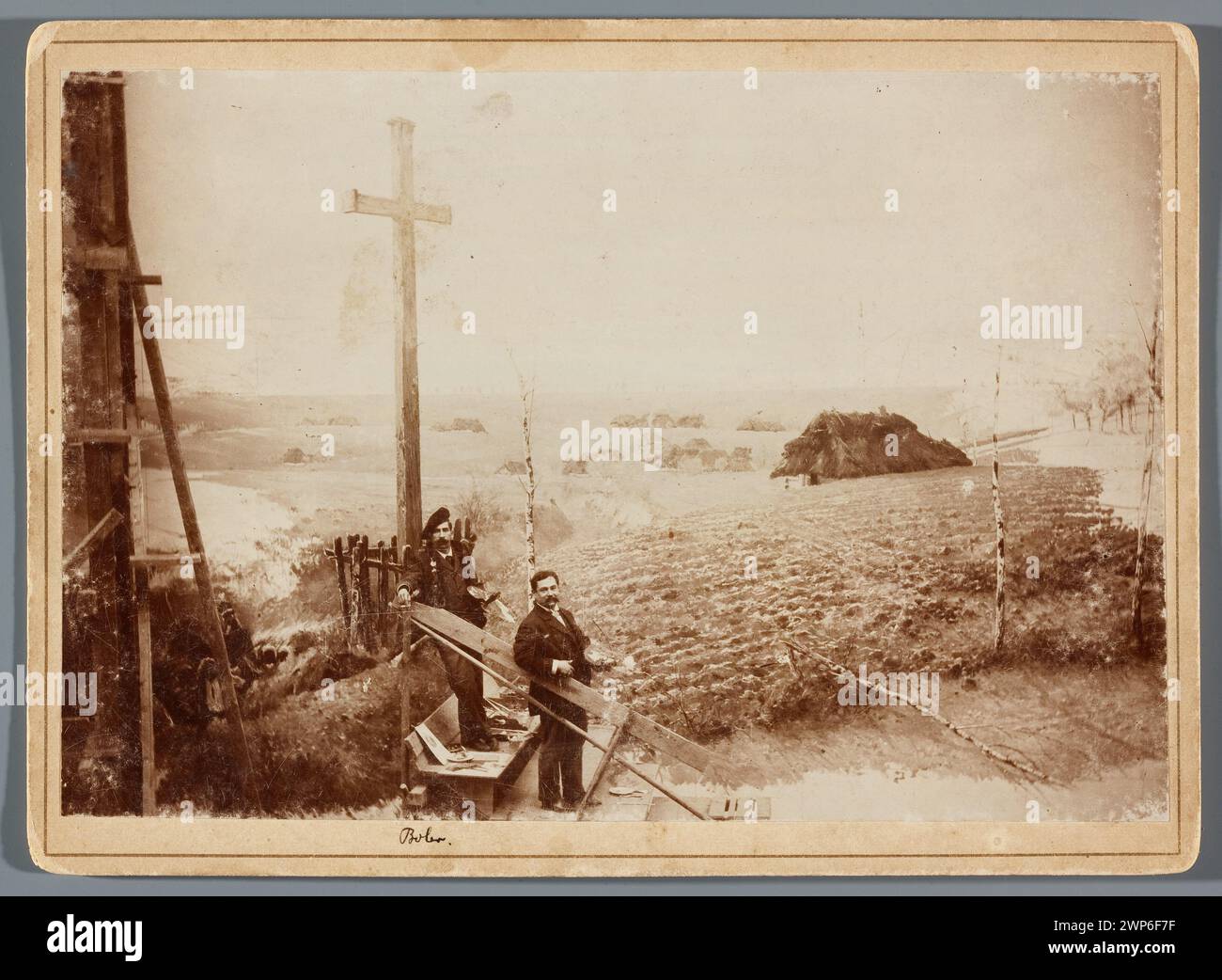 Painting the panorama of Rac Avice: Tadeusz Popiel and Ludwig Boller standing with pallets on the scaffolding at a part of the deposit of the shown of the crossing of the cross at the crossroads of Dziemierzycki; Unknown, Hamel and Feigl (Lviv; Sk Ad photographic materials; 1892-Ca 1905); 1893/1894 (1893-00-00-1894-00-00);Boller, Ludwig (1862-1896), Boller, Ludwig (1862-1896) - iconography, Boller, Ludwig (1862-1896) - reproduction, Hamel and Feigl (Lviv - composition of photographic materials - 1892 -Ca 1905), Kossak, Wojciech (1856-1942), Kossak, Wojciech (1856-1942)-reproduction, Lviv (Ukra Stock Photo