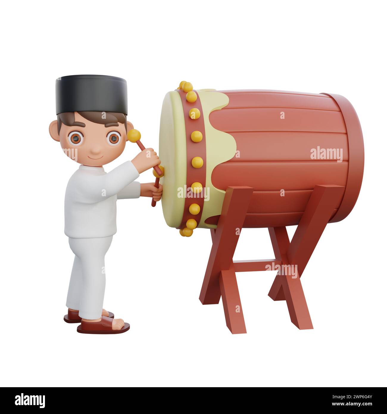 3D Illustration of Muslim character Joyfully Beating the Bedug Drum, perfect for Ramadan kareem themed projects Stock Photo