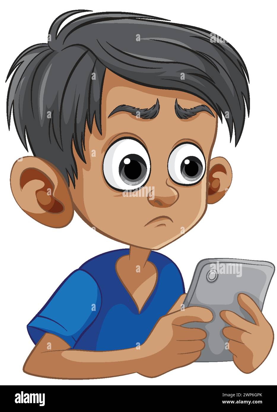 Cartoon of a concerned young boy holding a tablet Stock Vector