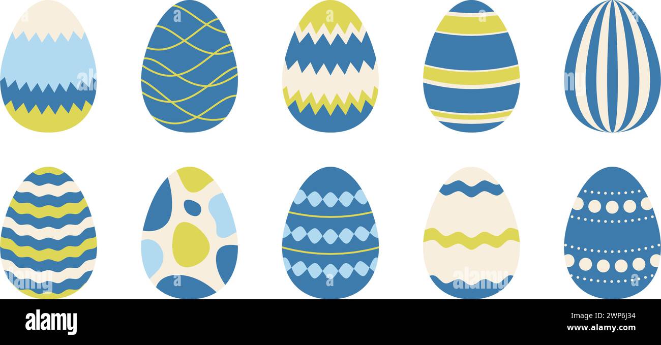 Colorful spring Easter eggs set. Blue, green, cream egg icon collection with different ornaments. Doodle style Easter illustration bundle for banner, poster, card, invitation, sticker. Vector pack  Stock Vector