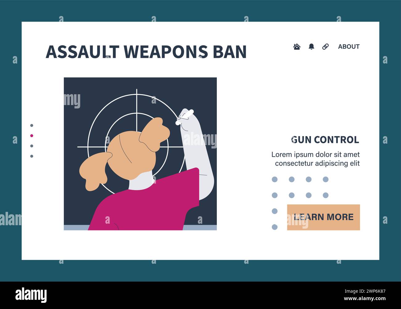 Gun control web or landing set. Second amendment ban. Weapon regulations law movement. Firearm violence. Mass shooting in public places and school. Flat vector illustration Stock Vector