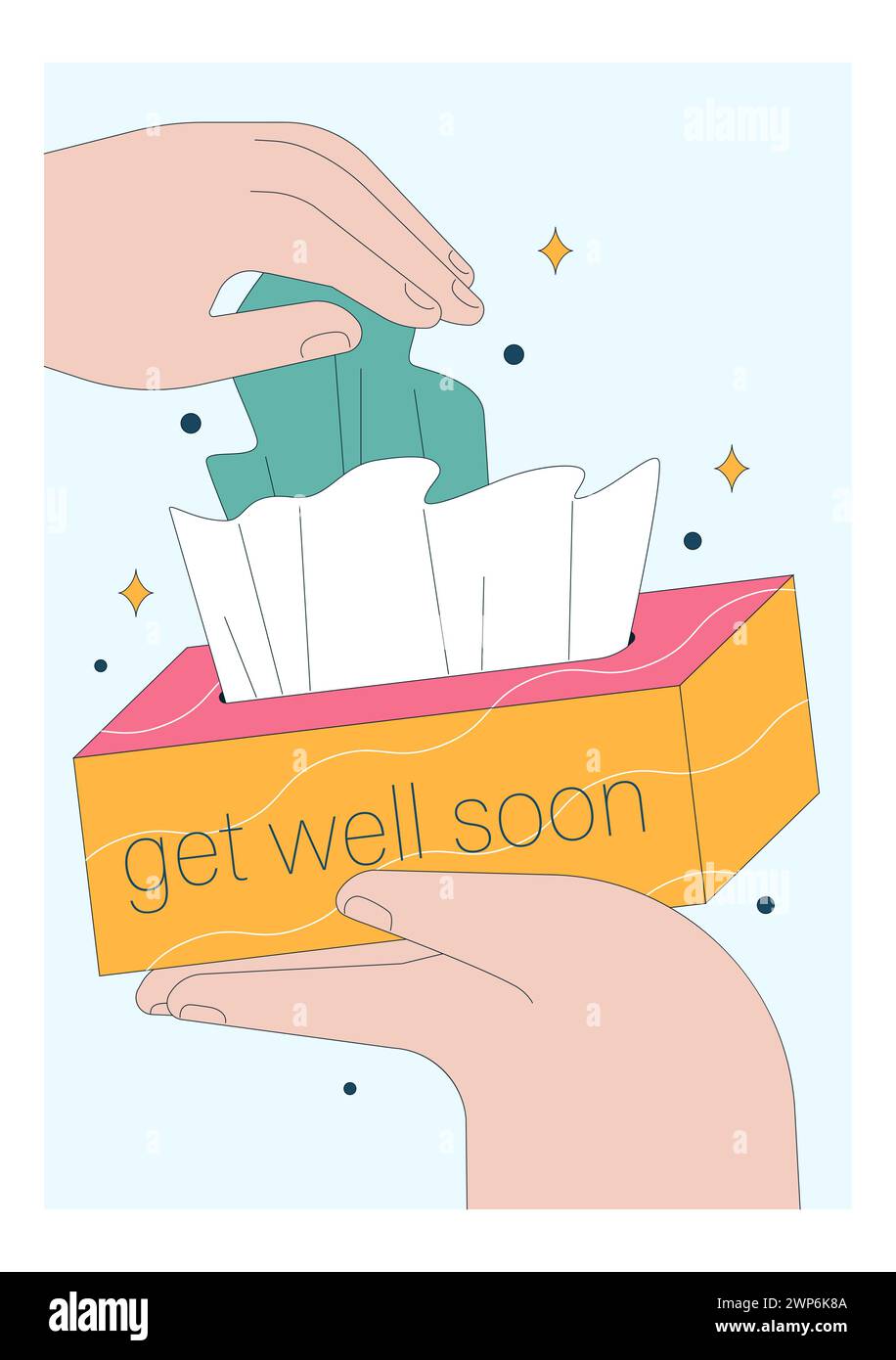 Get well soon card. Positive and motivational poster with greeting quote. Medicine postcard with feel better lettering. Recovery affirmation and wishes. Flat vector Illustration Stock Vector