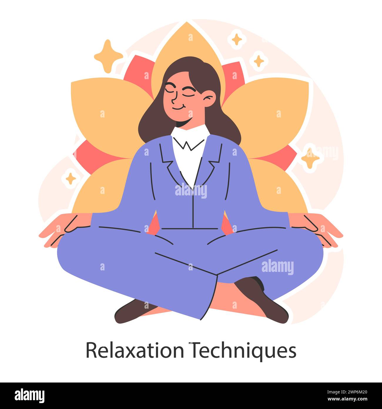 Serene businesswoman practices relaxation techniques sitting in a lotus yoga position. Mindful meditation. Centered balance. Flat vector illustration. Stock Vector