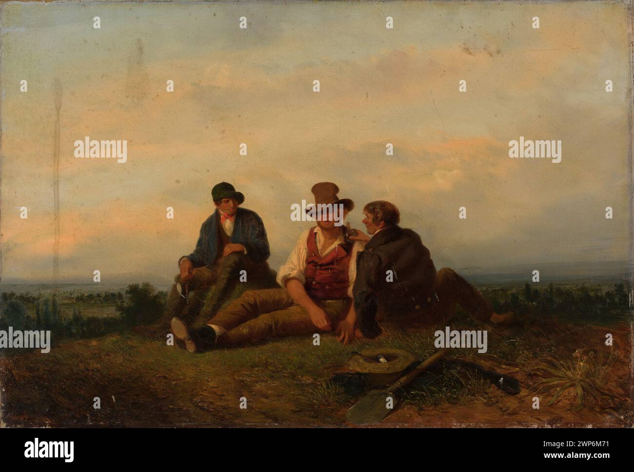 Rest on Kramer, J. (Fl. XIX century); after. 19th century (1830-00-00-1870-00-00);Men, rest, genre scenes against the background of landscape, shovels, meadows Stock Photo