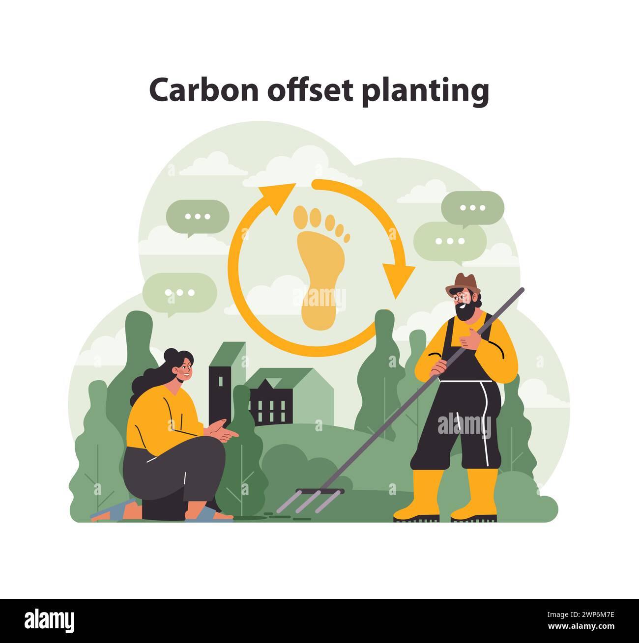 Two individuals promote carbon offset planting. Footprint in a cycle represents eco balance. Gardening for a greener planet near urban structures. Flat vector illustration Stock Vector