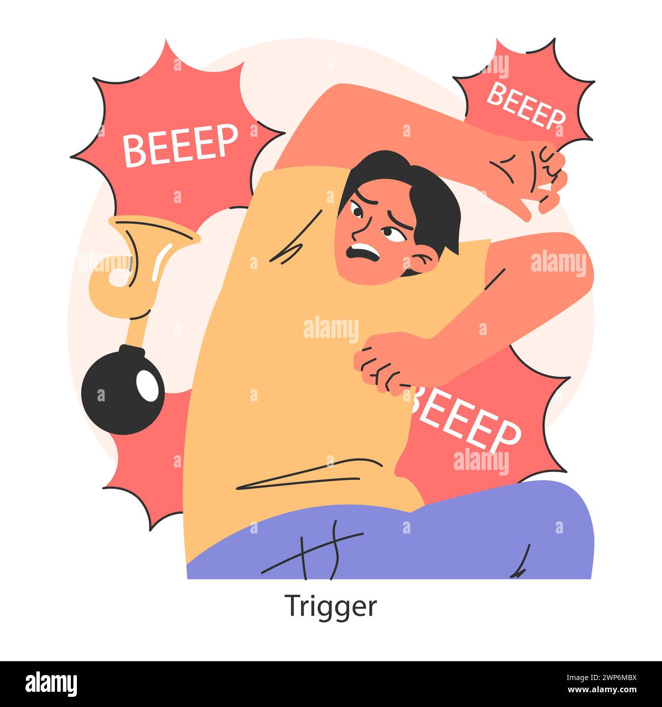 Overcoming fears strategy. Illustrating the sudden impact of a stress trigger. Emotional response to alarm and anxiety. Coping with acute stress. Flat vector illustration. Stock Vector