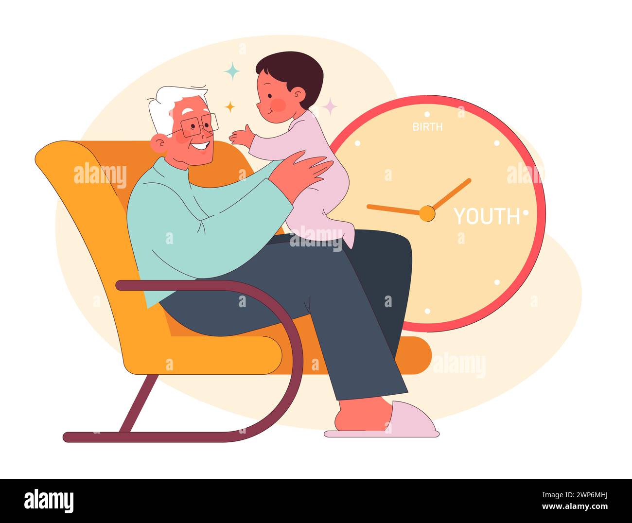 Life Milestones concept. A joyful grandfather holds a giggling baby, celebrating birth and youth moments, amidst a backdrop of a symbolic clock. Time's cherished milestones in vibrant colors. Stock Vector