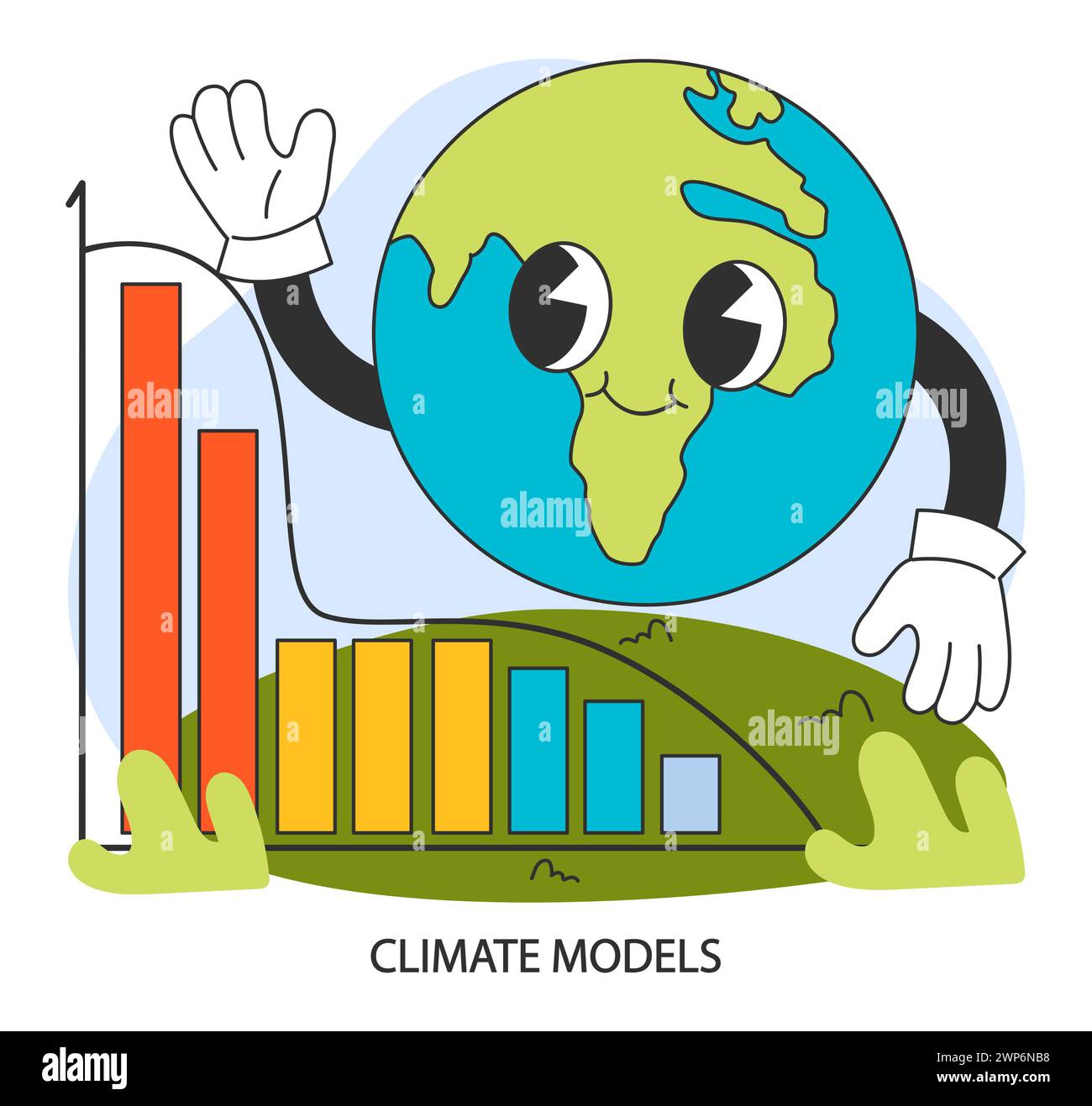 Climate models. Global warming solutions. Weather patterns research and prediction. GCM, major climate system components atmosphere, land, ocean. Flat vector illustration. Stock Vector