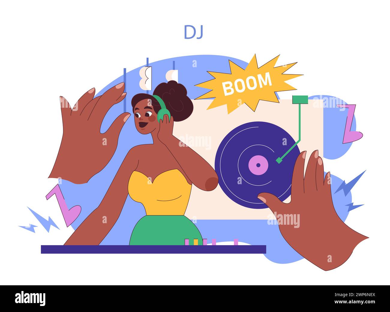 Dynamic DJ at Party concept. Capturing the energetic atmosphere of a live DJ set. Music and entertainment at its peak. Dance floor vibes brought to life. Flat vector illustration Stock Vector