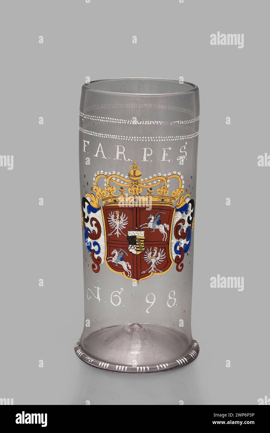 Glass;  1698 (1698-00-00-1698-00-00);August II Mocny (Polish King - 1670-1733), Rzeczpospolita both nations (coat of arms), Saxony, Wettyn (coat of arms), electorate (coat of arms), coats of arms, monograms, rulers Stock Photo