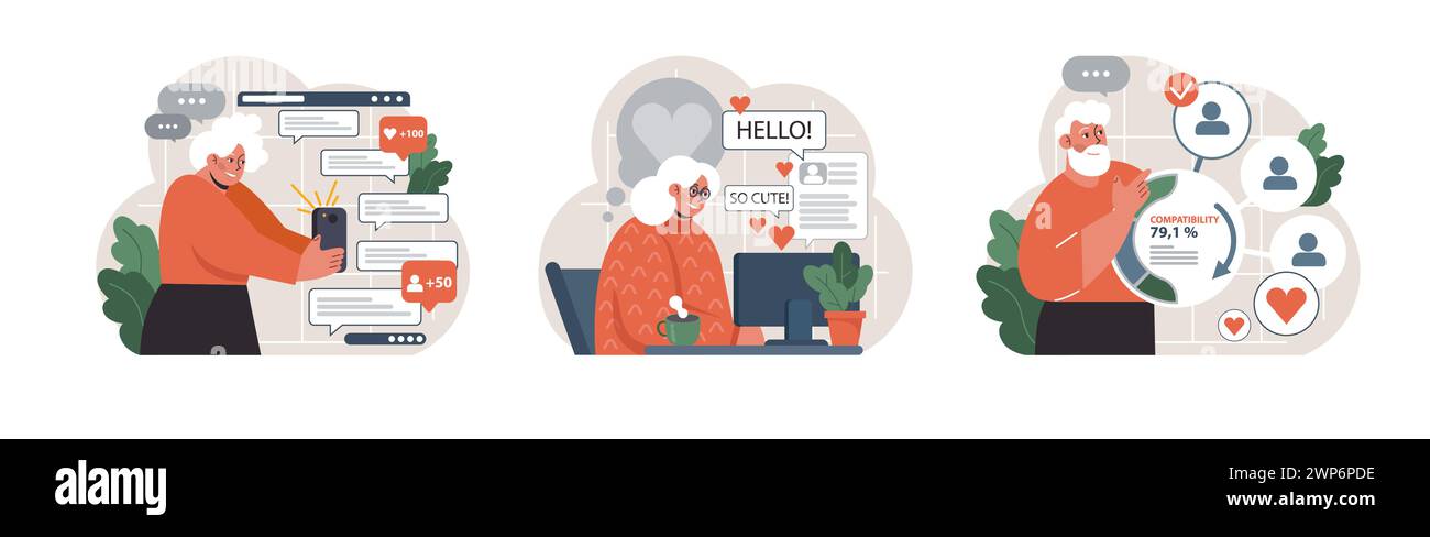 Digital Romance set. Elderly woman explores online connections, receives heartwarming compliments, and checks compatibility percentages. Online engagement, cozy environment, and digital match. Stock Vector