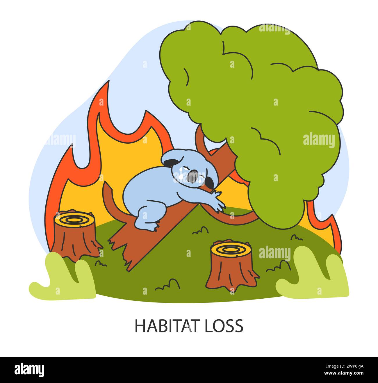 Habitat loss. Distressed koala amidst flames. Deforestation and